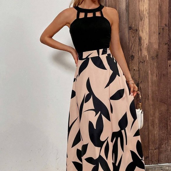 Multicolor Boho Womens Plants Print Cut Out Halter Neck Dress - Picture 4 of 5